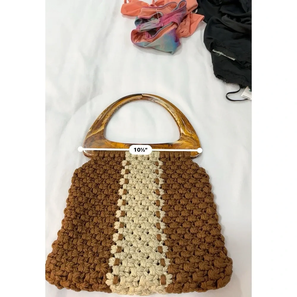 Vtg 70s Macrame Handbag Artisan Lucite Handle Brown Cream Lined Handmade Resort
